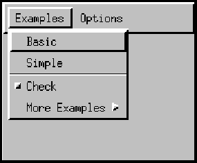 Examples 菜单，包含 Basic、Simple、Check 和 More Examples 项。Check 项是一个 CheckBoxMenuItem 实例，处于关闭状态。
